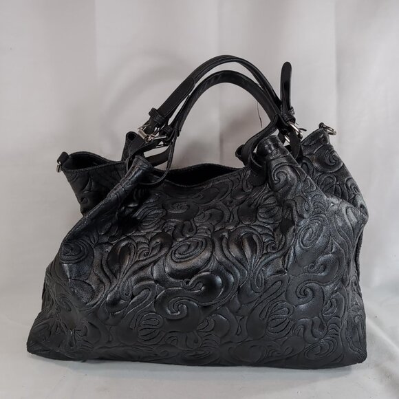Isadora Italy Tooled Leather Purse Black Large Shoulder Bag Tote Swirls MSRP$425 - Picture 6 of 16